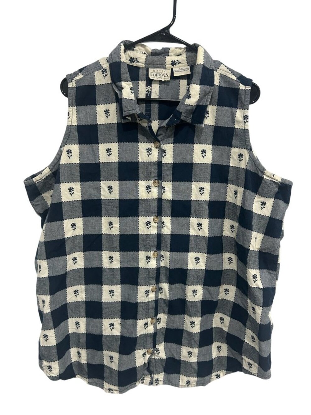 Basic Editions 24W Sleeveless Navy White Plaid Button-Down Cotton Retro Vintage